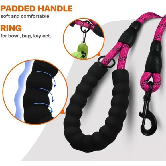 Rope Dog Leash 6 FT with Comfortable Padded Handle, Highly Reflective Threads - Picture 4 of 7